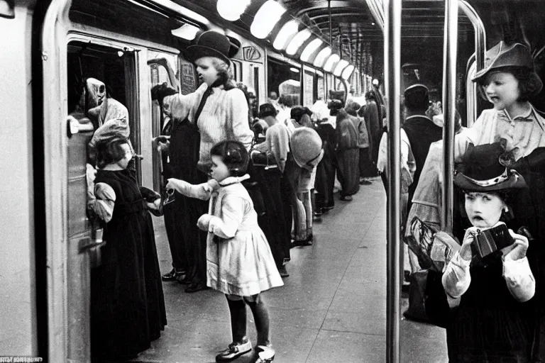 Prompt: A picture of 1934 in the new York subway. Children playing with a mobile phone, retro, vintage, ultra detailed, 20mm camera