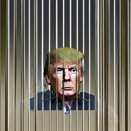 Image similar to trump behind bars in striped prison clothes commemorative plate, 3 d high definition, trending on artstation, intricate detail, finely detailed, small details, extra detail, photorealistic, high resolution, vray, 8 k, octane, hdr, hyper detailed, insane details, intricate, elite, ornate, elegant, luxury