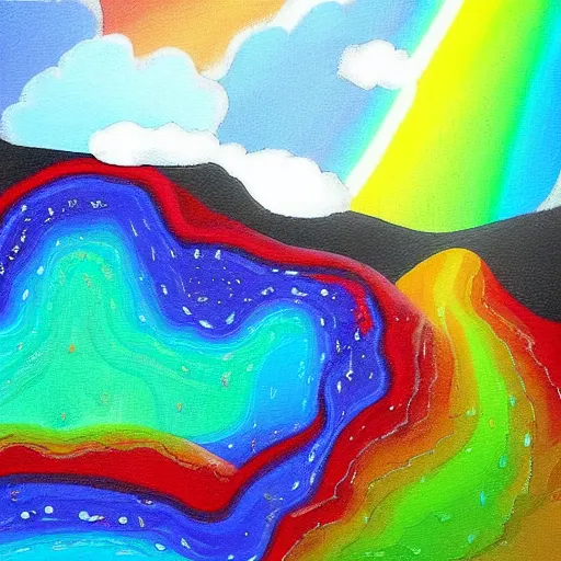 Image similar to the surreal flat painting of an image of a montain dripping rainbow lava artistic by yasemin karabenli