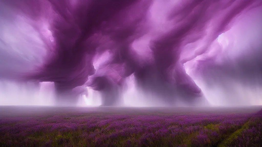 Image similar to amazing landscape photo of purple tornadoes by marc adamus, beautiful dramatic lighting