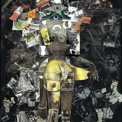 Image similar to a robot with a memory that survives the reset of the world, and a small robot bird on her shoulder, collage artwork by dave mckean and yoshitaka amano