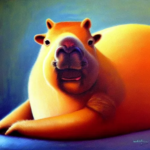 Image similar to capybara relaxing on couch | style salvadore dali | oil painting | featured artstation | impressionist