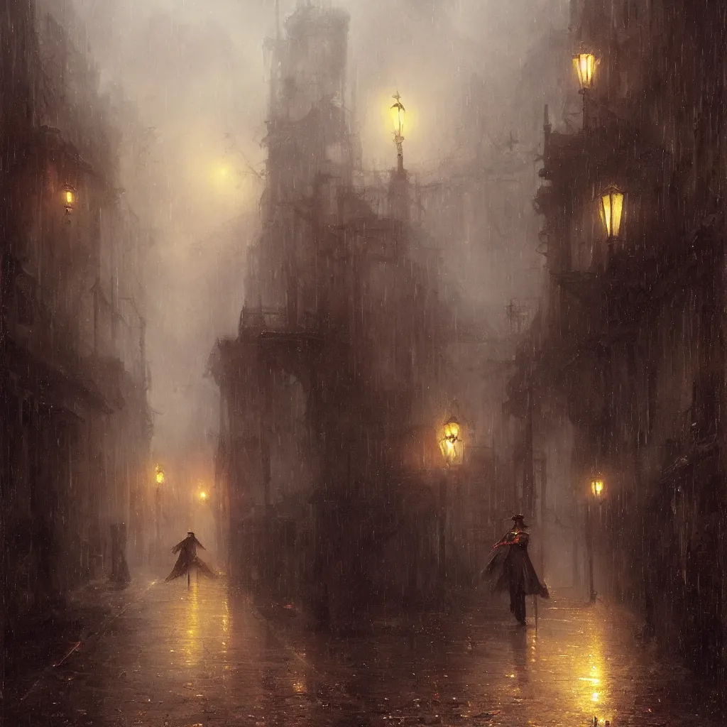 Image similar to Jack the ripper haunts the abandoned raining night alley by Raphael Lacoste and Pierre Auguste Cot and Delphin Enjolras and Daniel F. Gerhartz