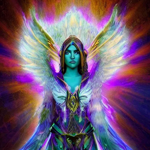 Prompt: of a portrait of a biblically accurate seraphim angel fused with Wisp art style , night elves from warcraft 3 and the entity is emitting colorful radial motion blur energy, Rembrandt lighting low key. Angel energy fused with post Solar punk aesthetics. Subtle joyful facial expression. n 4