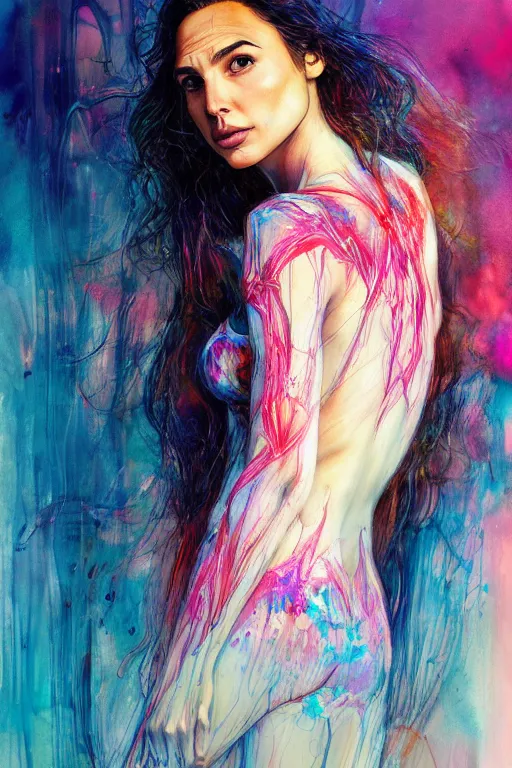 Image similar to gal gadot by agnes cecile enki bilal moebius, intricated details, 3 / 4 back view, full body portrait, extremely luminous bright design, pastel colours, drips, autumn lights