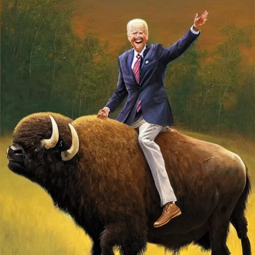 Prompt: Joe Biden riding a buffalo, painting by Jon McNaughton