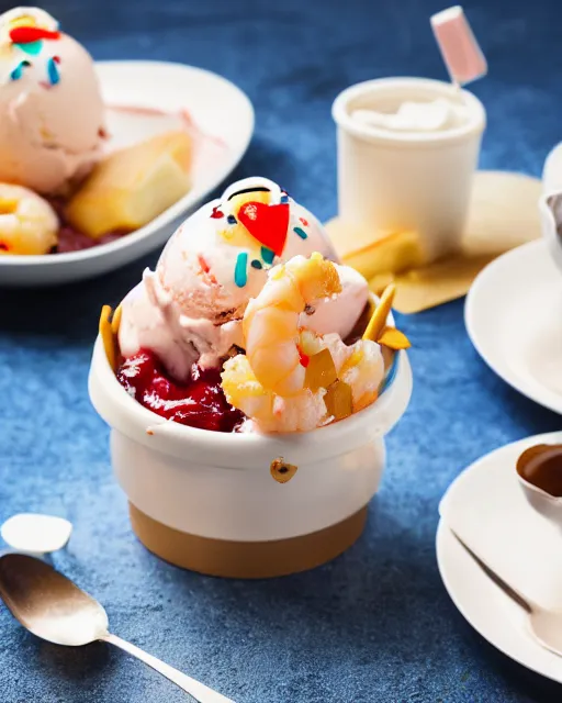 Image similar to dslr food photograph of an ice cream sundae with shrimps on. vanilla icecream, 8 5 mm f 1. 4