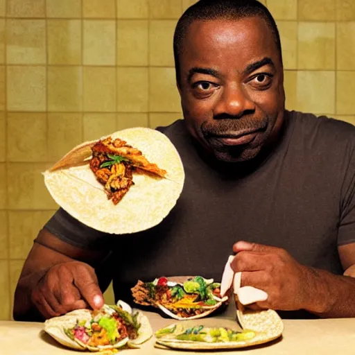 Image similar to levar burton eating tacos in a bathroom, ultra realistic, digital art, rich deep colors, smooth shadows, high resolution, cinematic