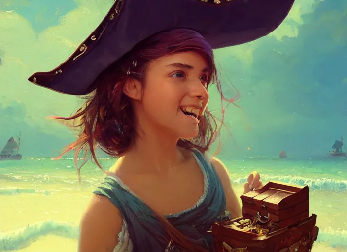 Image similar to wide view picture of a pirate girl, looking at the treasure box, hard breathing, messy hair, very excited, smiling, sparkling eyes, magic and fantasy, whale monsters, beautiful and aesthetic and attractive and detailed face, specular reflection, occlusion shadow, intricate, bokeh, masterpiece, by ilya kuvshinov and jeremy lipking and quentin mabille