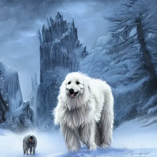 Image similar to fantasy art ultra detailed photo of a yeti and great pyrenees dog walking in a blizard