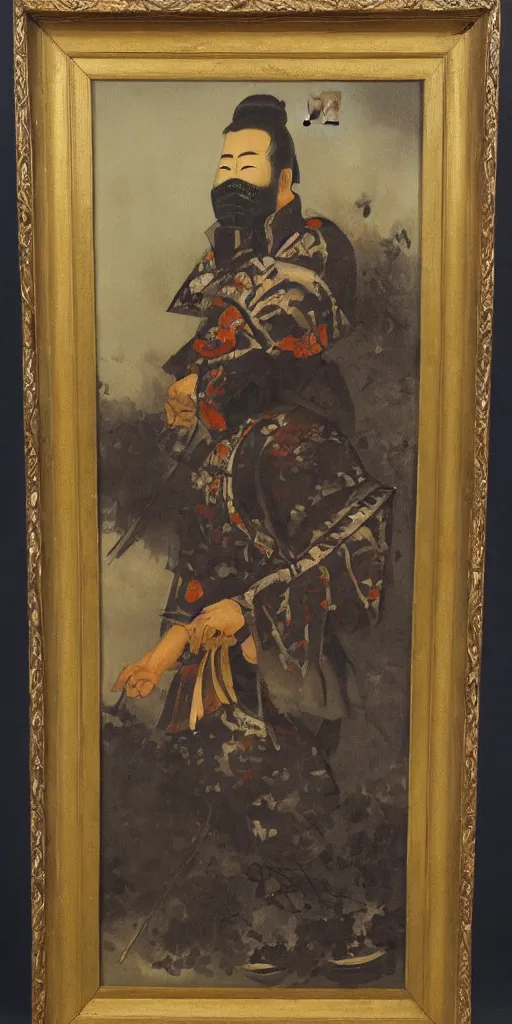 Image similar to romantic period style atmospheric oil painting of a Japanese Samurai