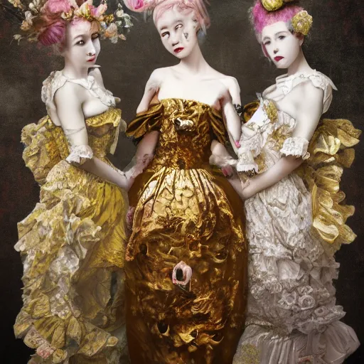 Image similar to 8k, octane render, fine detail, realism, tonalism, renaissance, rococo, baroque, group of creepy young ladies wearing long harajuku manga dress with flowers and skulls, background chaotic gold leaf flowers