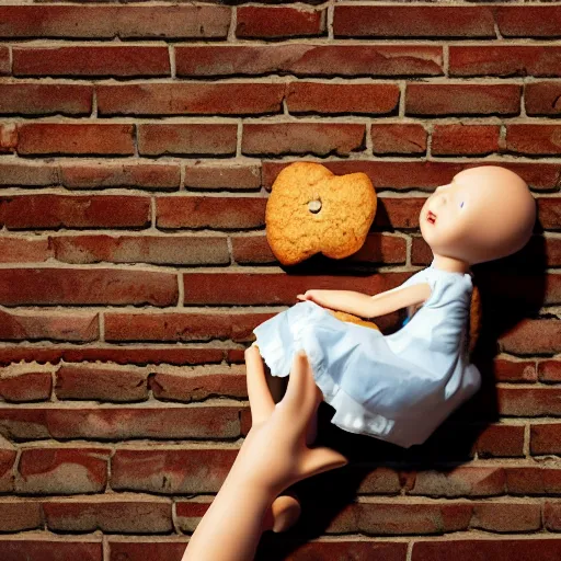 Image similar to plastic doll with giant realistic hands eating a cookie sitting on brick wall, garden background, sky, photo, hd