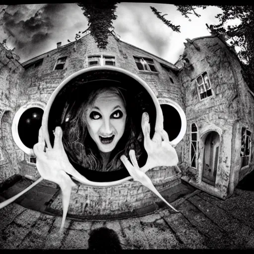 Image similar to a coven of witches, laughing and eagerly making fun of the camera!!!!!, fisheye!!!!! lens photography, lens distortion, chromatic aberration!!!!!, cgsociety contest winner, best on artstation, photorealistic photography, grim lighting, foreboding atmosphere, dark, nighttime, 4 k, 8 k