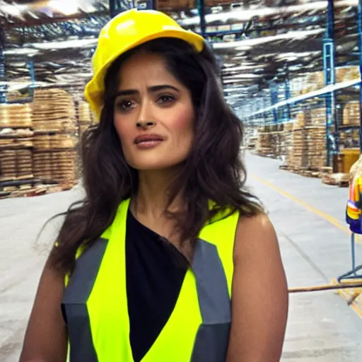 Image similar to photo, close up, salma hayek in a hi vis vest, in warehouse, android cameraphone, snapchat story screenshot, 2 6 mm,