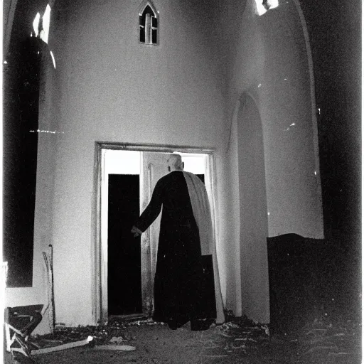 Image similar to photogrqph of john paul ii standing in the entrance to a small burning church building, at night, pitch black