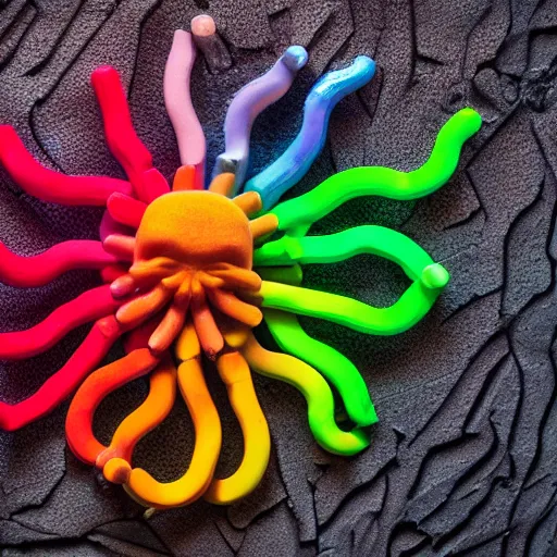 Prompt: octopus made of crayons, 8 k macro photo with dark lighting