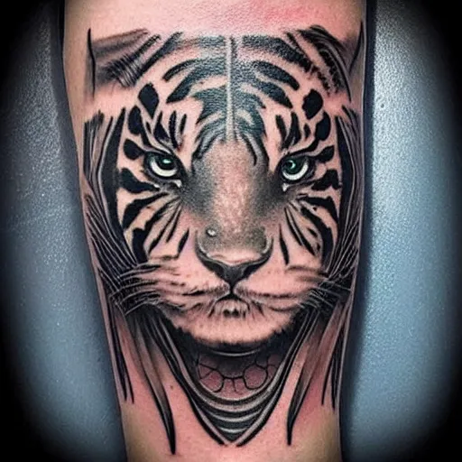 Image similar to ! dream a realistic tattoo design of a beautiful warrior woman below a tiger head, highly detailed