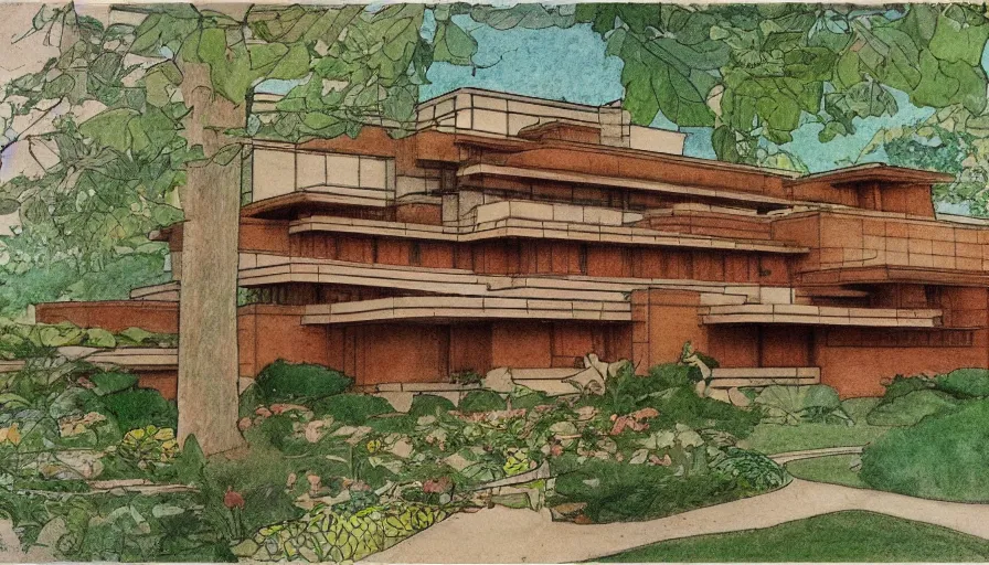 Image similar to frank lloyd wright house as a botanical illustration