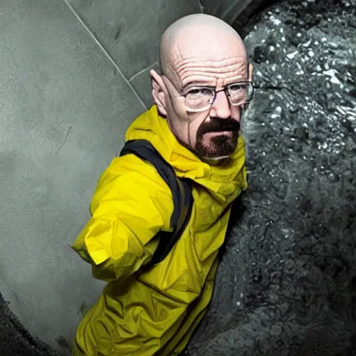 Prompt: Walter white halfway in a sewer