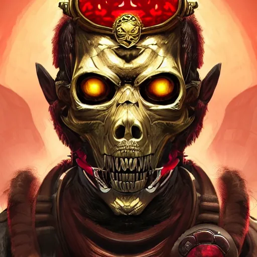 Prompt: a golden skull face monkey warrior with a ruby in his forehead, Apex Legends character digital illustration portrait design by, android jones, detailed, gorgeous lighting, wide angle action dynamic portrait