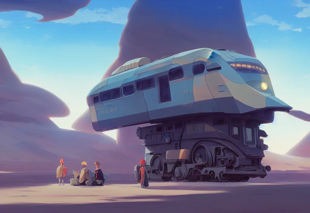 Prompt: futuristic train in a desert, rocks, anime, official fanart behance hd artstation by jesper ejsing and makoto shinkai, 4 k,