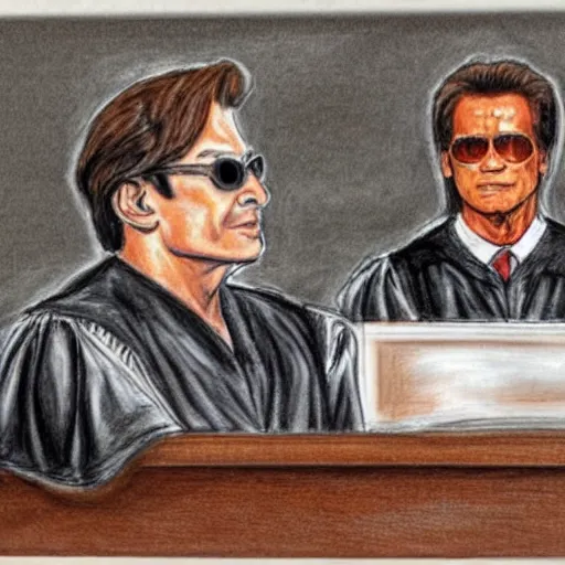 Image similar to Courtroom Sketch of Judge Ozzy Osbourne, with Arnold Schwarzenegger on trial