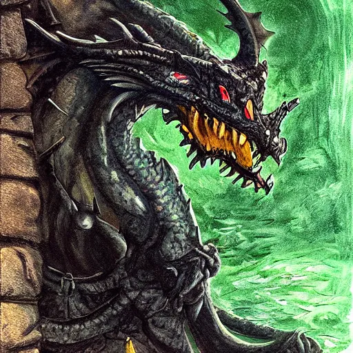 Image similar to fairy tale, painting, large green dragon, dnd, inside a castle, dark, realistic, dungeons and dragons