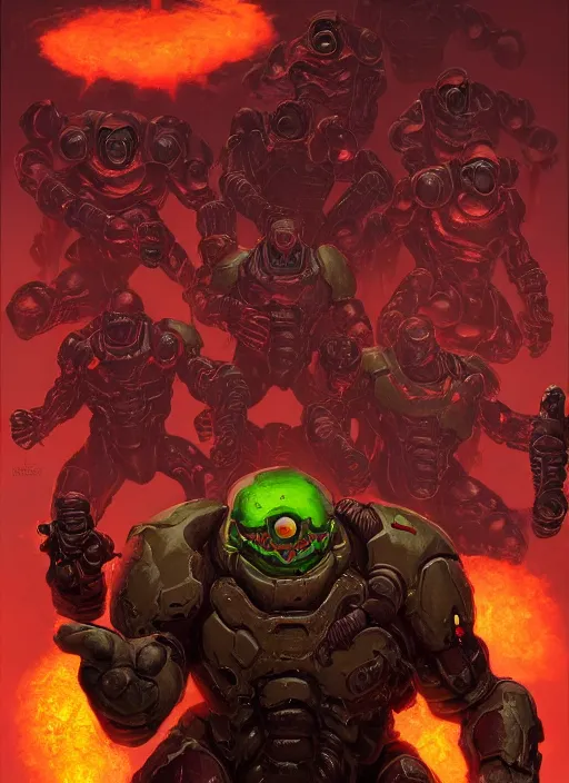 Image similar to ( doom ) cover featuring doom guy!! doom marine!! surrounded by demons, by kenneth scott, artstation, vivid gaze