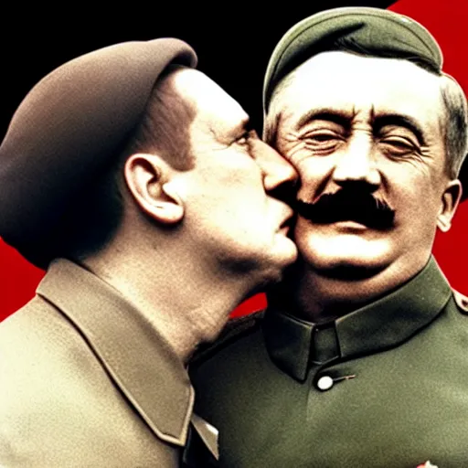 Prompt: hitler and stalin kissing on cheek