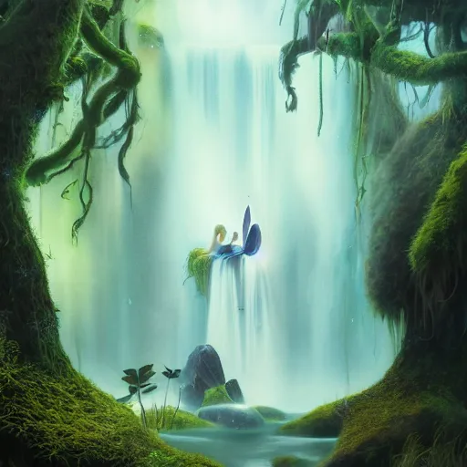 Prompt: tom bagshaw, fairies, soft painting render curiosities carnival pond river vegetation rocks bugs wildlife mushrooms covered moss bioluminescent wisps, beautiful stunning waterfall, accurate features, focus, very intricate ultrafine details, random volumetric lighting, fog, award winning masterpiece, octane render 8 k hd, artstation