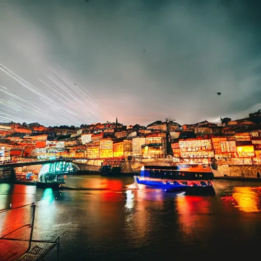 Prompt: cinematic shot of the city of Porto Portugal, with neon lights and flying cars