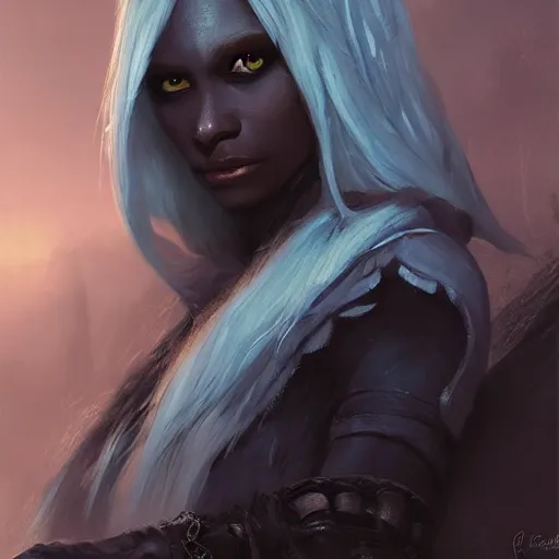 Image similar to closeup portrait of a drow elf, dungeons and dragons character, castle background, gorgeous view, realistic, high detail, digital art, painted by greg rutkowski, painted by jeremy mann, trending on artstation