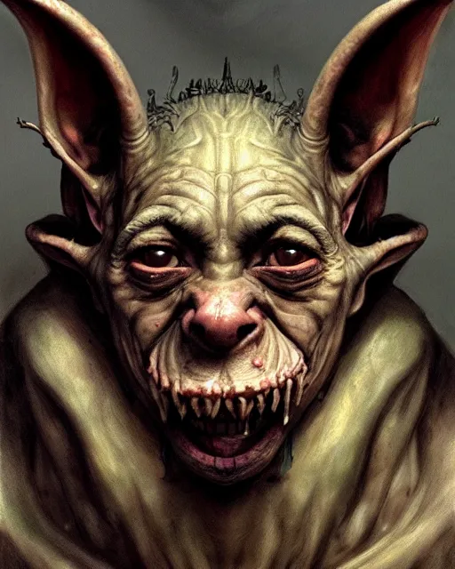 Image similar to closeup profile face portrait of a medieval goblin eating cakes in the cloisters, beautiful face, hyper realistic, highly detailed, digital painting, artstation, illustration, concept art by hyung tae, frank frazetta, bosch, giger, digital paint, matte paint, washed colors, dark, gloomy, detailed and intricate environment