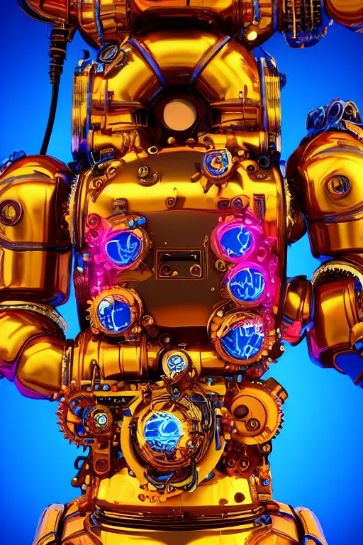 Prompt: portrait photo of a giant huge golden and blue metal futuristic steampunk robot covered with multicolored big gears and tubes, eyes are glowing red lightbulbs, robot holds a huge red electric guitar, shiny crisp finish, 3 d render, 8 k, insaneley detailed, fluorescent colors, background is multicolored lasershow