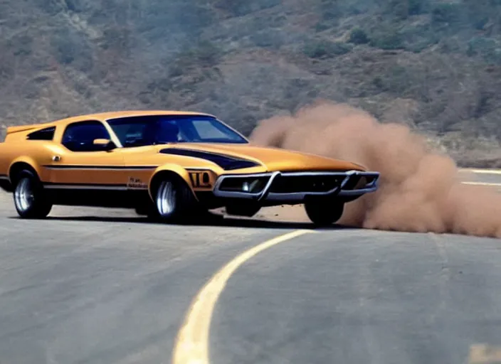 Image similar to a mustang mach 1 from 1 9 7 3 driving from a explosion