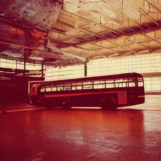 Image similar to 1990s perfect 8K HD professional cinematic photo of a bus in dystopian hangar, at evening during rain, at instagram, Behance, Adobe Lightroom, with instagram filters, depth of field, taken with polaroid kodak portra