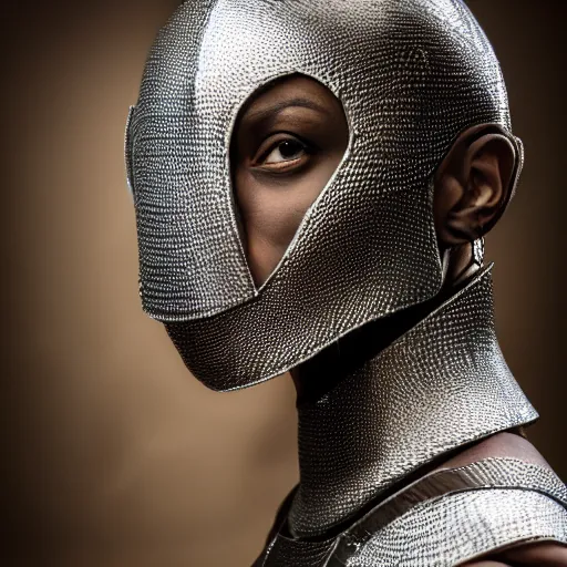 Prompt: artistic portrait of a black woman wearing metal armor