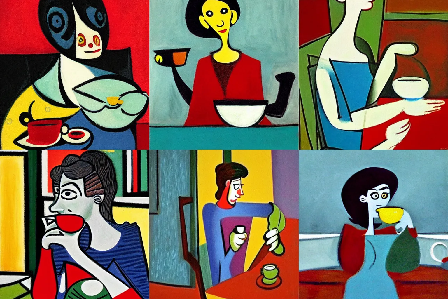 Prompt: a woman drinking tea by Pixar!!! by (((Pablo Picasso)))
