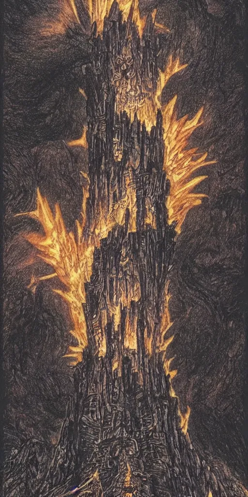 Image similar to a dark tower on fire upon a hill surrounded by a dark forest , high fantasy, drawn by Kentaro Miura, Tarot card, tarot card the tower