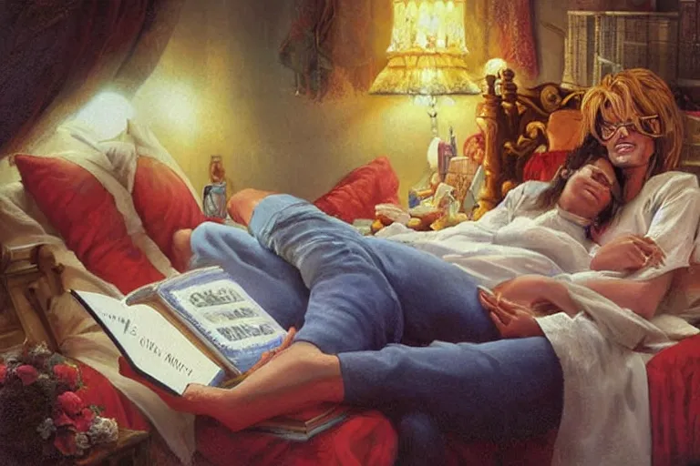 Image similar to portrait of dolly parton reading a bedtime story to michael jackson in bed, an oil painting by ross tran and thomas kincade