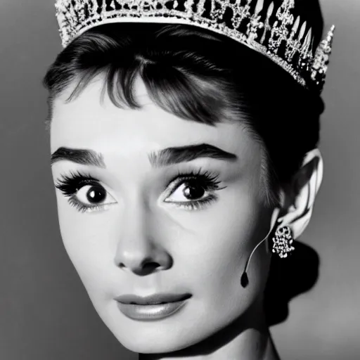 Prompt: portrait of audrey hepburn as a crowned queen, ultra realistic, canon 3 5 mm photography