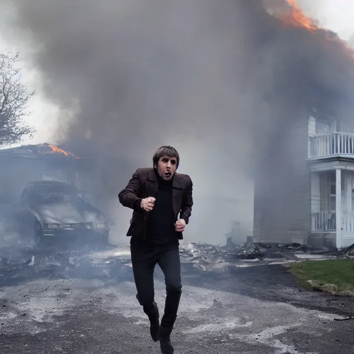 Prompt: liam gallagher runs from a burning house in a panic. cinematic 8 k