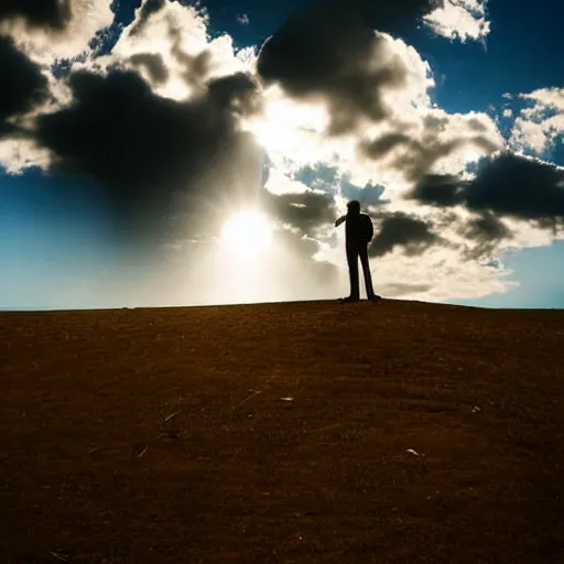 Prompt: a silhouette of a man standing among the clouds, award winning photograph, cinematic