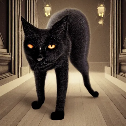 Image similar to a full-body shot of a black void cat with golden glowing eyes at the end of a scary hallway, fairytale, nightmare, hauntingly beautiful, elegant, super detailed, Octane render, reflections