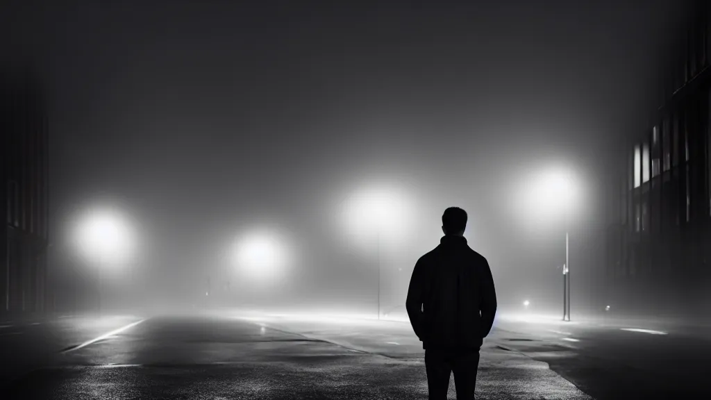 Image similar to full face portrait a man is standing on the street under the lights, fog, volumetric lighting, mystique, atmospheric, sharp focus, ultra detailed, noir art house, 4 k, cinematic, 3 5 mm