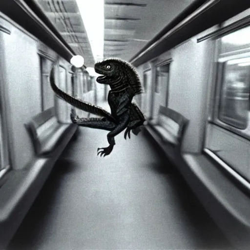 Prompt: a velociraptor riding the subway, new york, 1 9 9 0