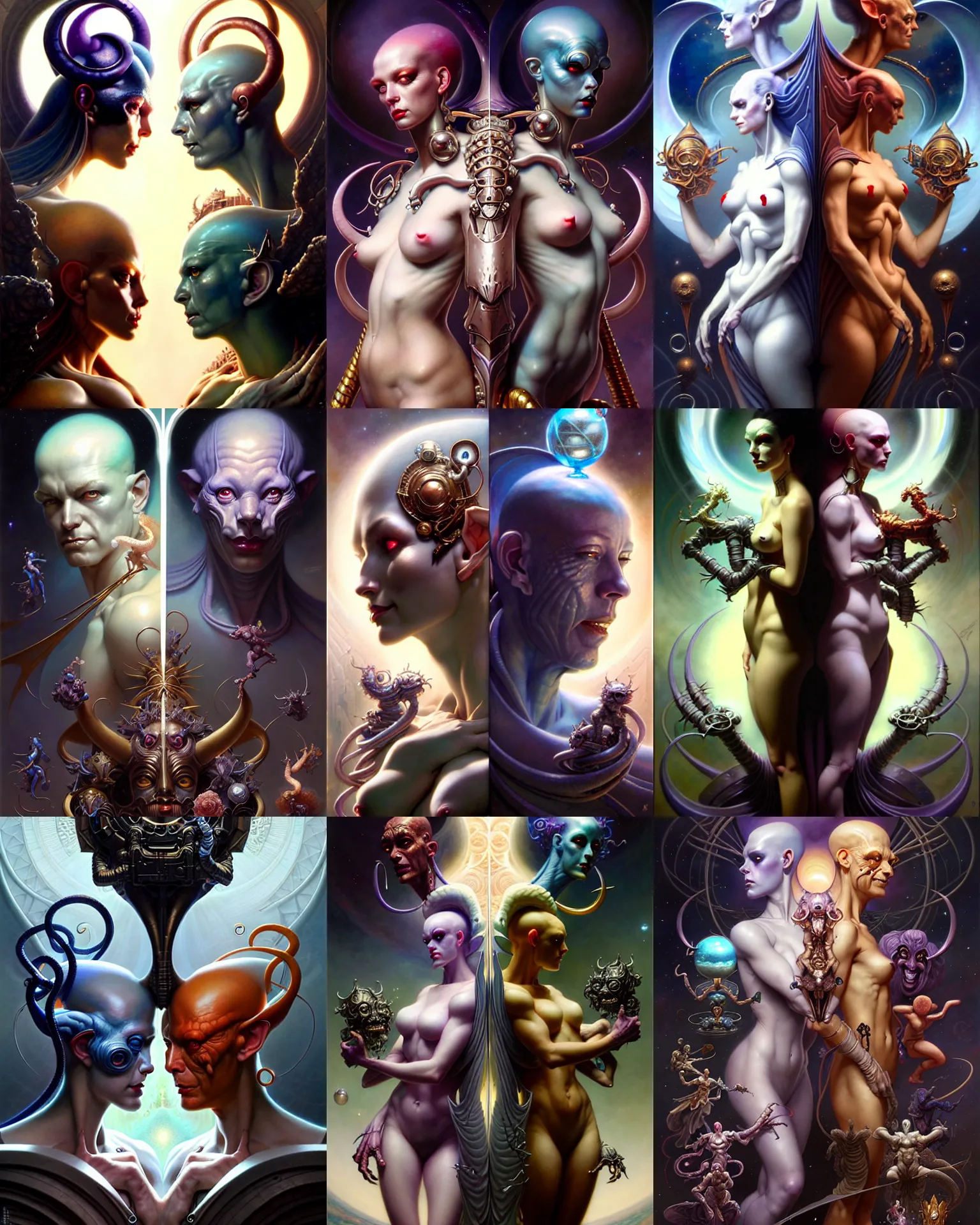 Image similar to beautiful gemini good and evil, happy and sad faces, fantasy character portrait, ultra realistic, wide angle, intricate details, the fifth element artifacts, highly detailed by peter mohrbacher, boris vallejo, hajime sorayama, wayne barlowe, aaron horkey, gaston bussiere, craig mullins