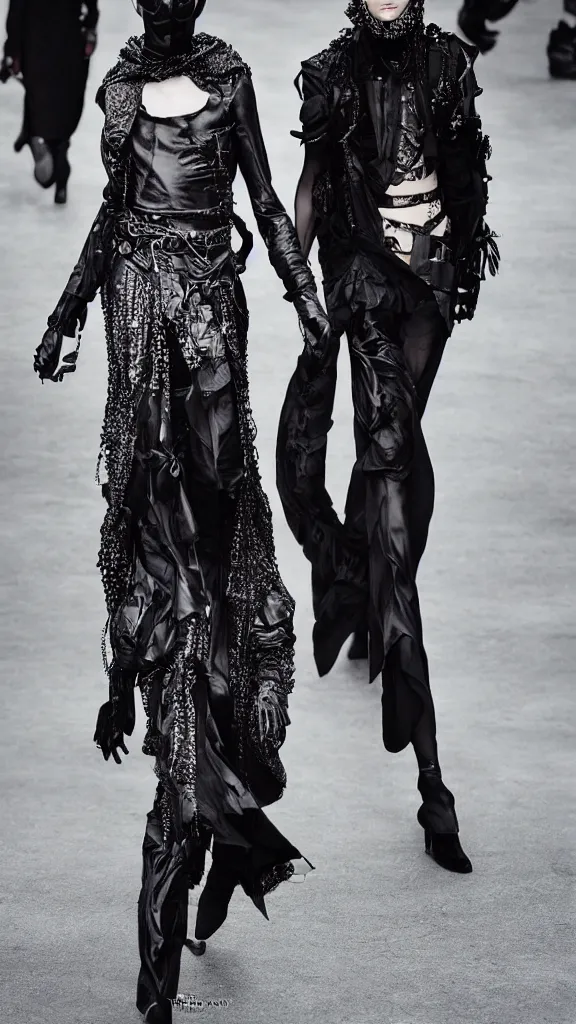 Image similar to beautiful androgynous high fashion avant garde look and clothes, we can see them from feet to head, highly detailed and intricate, hypermaximalist, luxury, elite, cinematic, designer fashion, rick owens, yohji yamamoto, y 3, acrnym, fashion photography