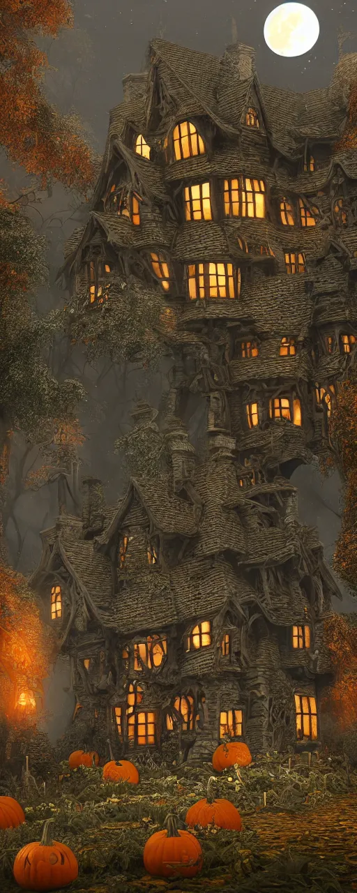 Image similar to a highly detailed old english tudor cottage in a scary pumpkin patch and graveyard, volumetric, fall colors, night, dead tree forest, pumpkins, moon, photorealistic, insanely detailed and intricate, epic scene, volumetric haze, hyper realistic, elegant, ornate, elite, horror, creepy, ominous, haunting, cinematic lighting, unreal engine, symmetrical, cinematic centered camera, high detail